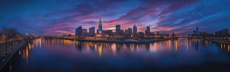 Obraz premium A breathtaking panoramic view of the historic skyline of Philadelphia at sunset reflecting over the calm waters of the river