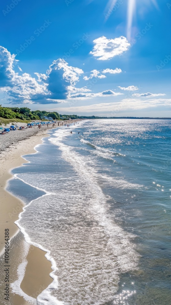 Poster a breathtaking panorama of sparkling waves and golden sands on a sunny beach during a delightful sum