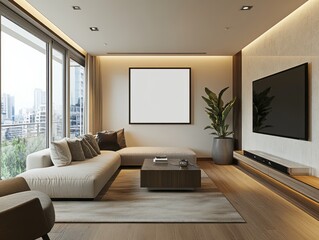 Modern Living Room Design With City View And Large Screen Television