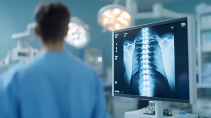 Obraz premium Doctor reviewing X-ray of spine on monitor in operating room.