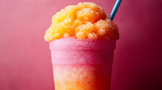 a Shaved Ice Cup with a Blue Straw, Showing Three Layers of Pink, Orange, and Yellow Shaved Ice.