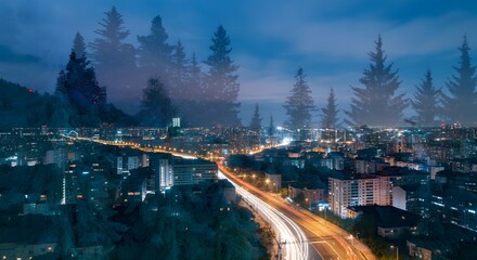 Naklejka premium Double exposure photography capital city view and forest landscape, blue, green, purple pine tree on high building composite picture background, natural scenery backdrop