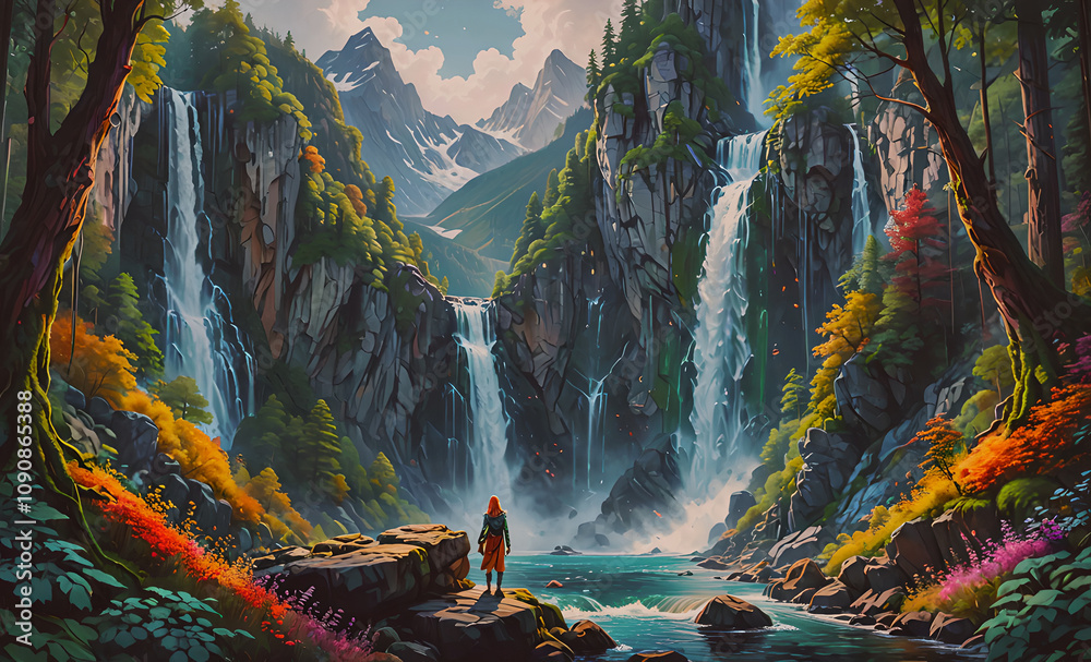 Poster man is standing in front of a waterfall. the waterfall is surrounded by trees and rocks. superhero g