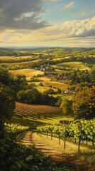Naklejka premium A breathtaking view of the Brandywine Valley showcasing lush vineyards and rolling hills under a bright sky