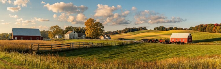 A breathtaking panorama of the Amish countryside showcasing lush fields and traditional barns at sunset in Pennsylvania