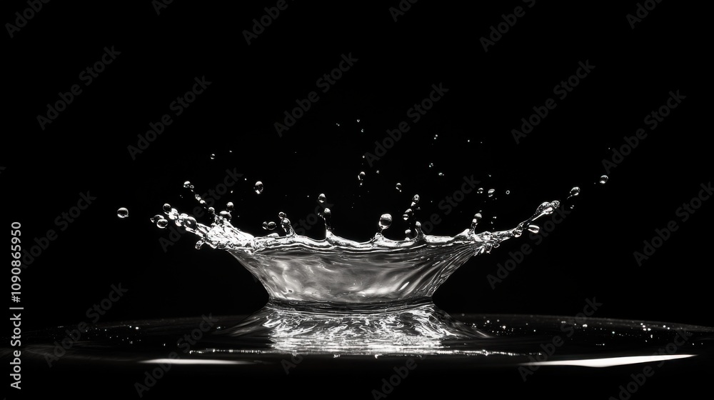 Poster captivating slow-motion capture of a water drop splashing on the surface in dark surroundings