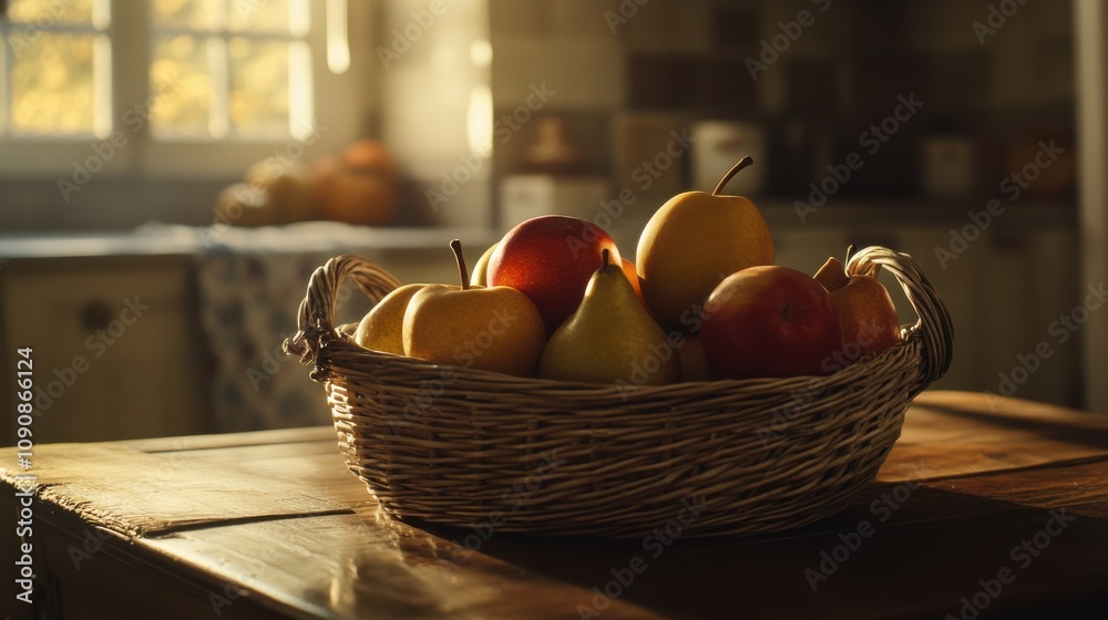 Poster a rustic wicker basket filled with fresh apples and pears on a wooden kitchen table in warm afternoo