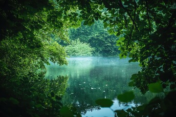 Obraz premium A Tranquil Forest Pond with a Misty Surface Seen Through Lush Foliage
