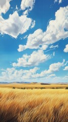 Fototapeta premium A tranquil prairie landscape in eastern plains under a bright blue sky with fluffy clouds during the day