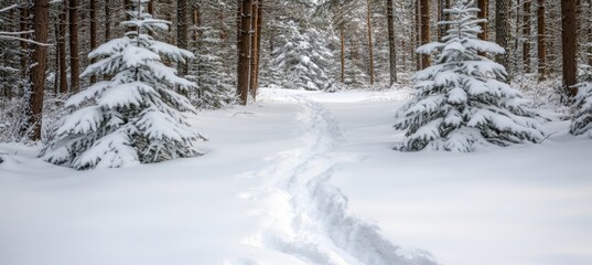 Path Through a Snow Covered Winter Forest, with New Year, Christmas festive Atmosphere
