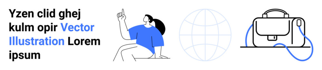 Man in blue shirt pointing upward, globe icon, and bag outline conveying achievement and travel. Ideal for business, education, global outreach, professional growth, travel, presentations