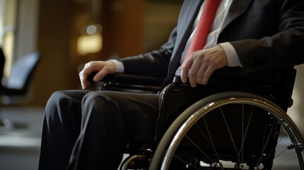 Fototapeta premium A person in a suit seated in a wheelchair, emphasizing accessibility and professionalism.