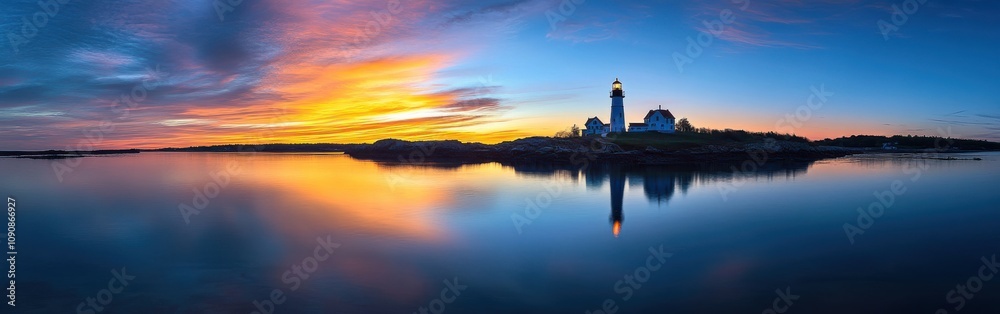 Poster a tranquil sunset over the sakonnet river illuminating the landscape and lighthouse in vibrant hues 