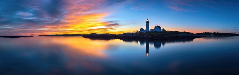 Fototapeta premium A tranquil sunset over the Sakonnet River illuminating the landscape and lighthouse in vibrant hues of orange and blue