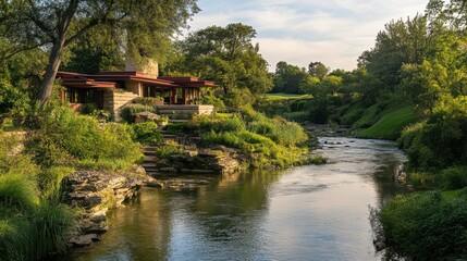 Obraz premium Tranquil riverside retreat surrounded by lush greenery and architectural beauty at sunset in a serene landscape