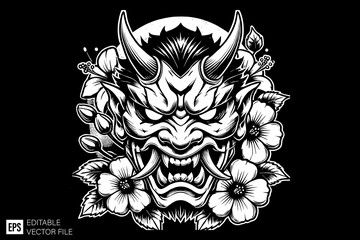 Obraz premium oni mask illustration black and white vector design