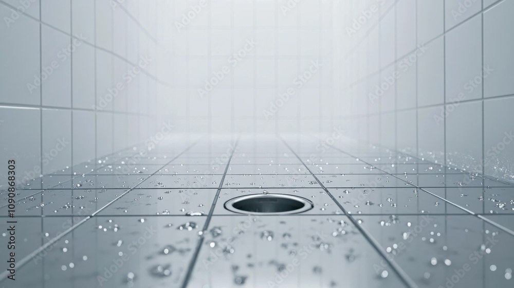 Poster A tranquil setting featuring a tiled floor with a drain, capturing the essence of serenity in a misty environment