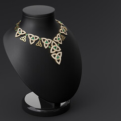 Luxurious necklace of diamonds and emeralds on the leather stand in the form of the bust. Irish style. Jewelry showcase. Side view. 3d rendering.