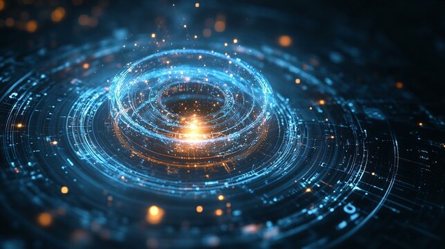 A holographic torus shape surrounded by smaller geometric forms, glowing softly with light trails and a dark, ethereal background