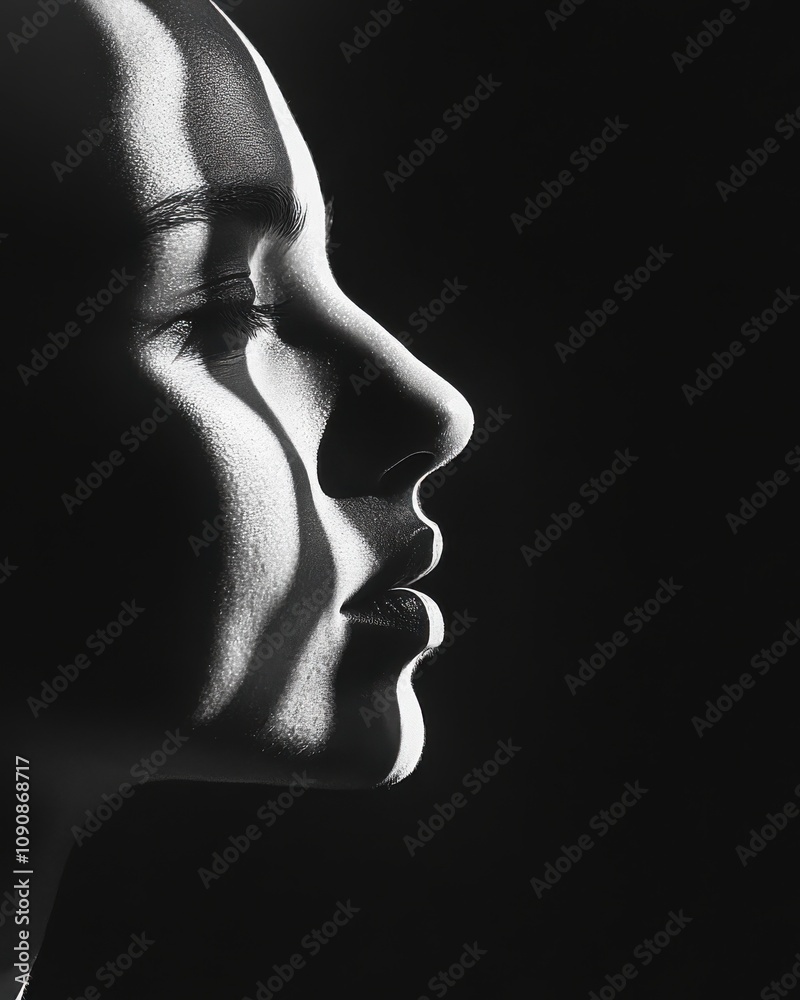 Poster A profile view of a person with striking features captured in dramatic lighting and shadows against a dark background