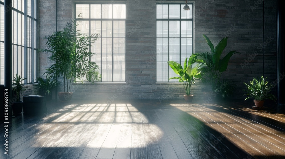 Poster a large room with a lot of plants and a window