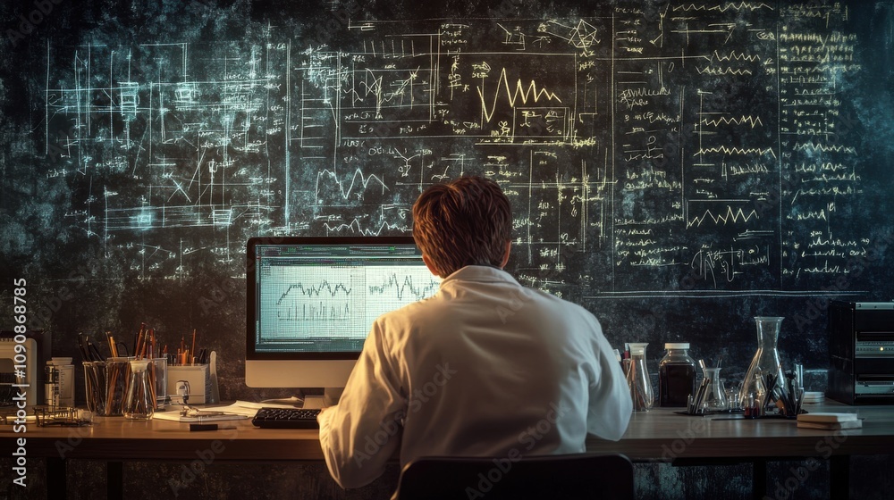 Poster a scientist analyzes data and research findings in a well-equipped laboratory at night