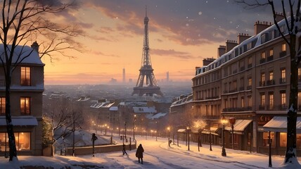 A picturesque winter scene of the Eiffel Tower in Paris, covered in snow with twinkling lights.
