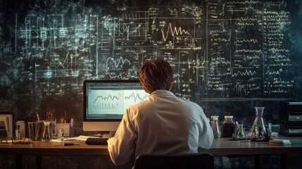 A scientist analyzes data and research findings in a well-equipped laboratory at night