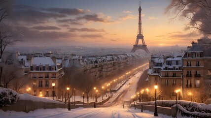 A picturesque winter scene of the Eiffel Tower in Paris, covered in snow with twinkling lights.