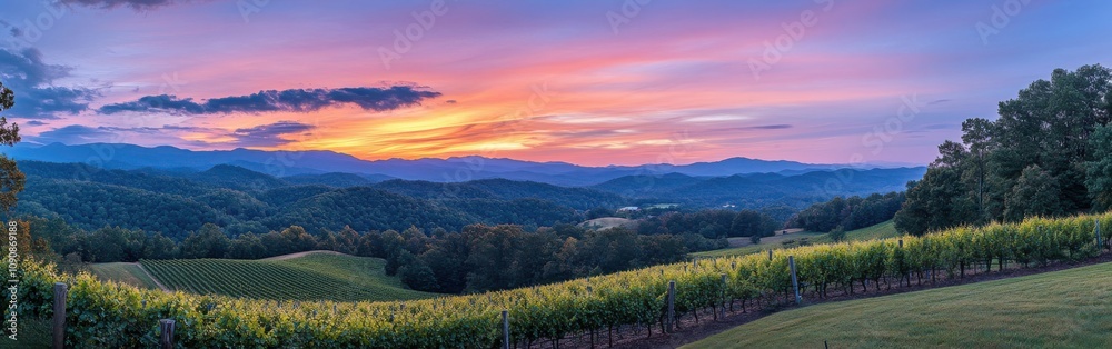 Poster a stunning sunset over the vineyards in north, showcasing rows of grapevines against a backdrop of r