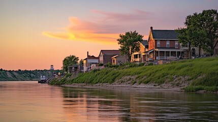Obraz premium A tranquil sunset view over the river reflecting charming houses along the scenic riverside town