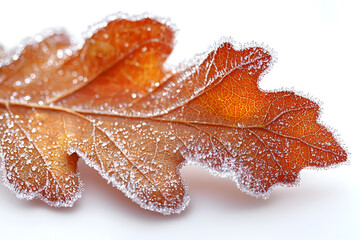 Fototapeta premium Single winter oak leaf covered in ice close-up, isolated on white background