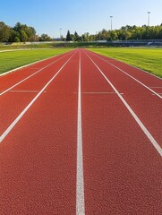 Red Running Track Leading to the Horizon - A red running track stretches towards a clear sky, symbolizing ambition, perseverance, competition, achievement, and speed.