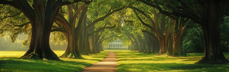 Obraz premium A tranquil afternoon stroll through the historic Oak Alley lined with majestic oak trees and lush greenery in Louisiana