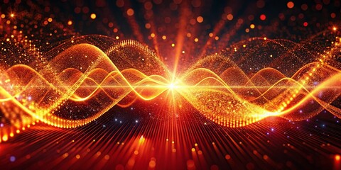 Obraz premium Mesmerizing Long Exposure Visualization of Red and Orange Spot Lights Creating a Particle Pattern and Oscillation Wave Technology on a Digital Surface Background