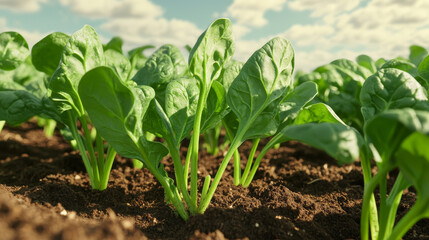 Obraz premium Fresh spinach leaves grow on stems in a garden bed. A close-up of green leafy vegetables with a blurred image outdoors. Ideal for cooking healthy food, organic food, or farm-cooked meals.