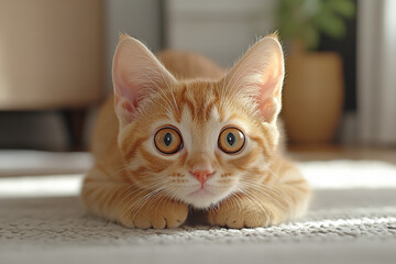 Adorable kitten with big round eyes lying on a soft carpet in a cozy home setting, showcasing a mix of playfulness and tranquility, ideal for pet lovers, home decor inspiration, and lifestyle visuals.