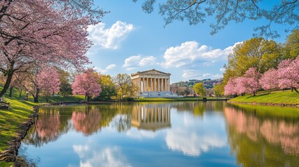 Obraz premium The Parthenon reflected in tranquil waters surrounded by blooming cherry blossoms on a sunny day in early spring