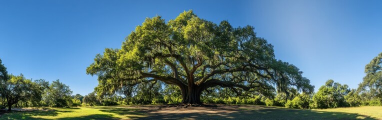 Obraz premium Majestic Angel Oak tree stands tall under the clear blue sky in South Carolina, showcasing nature's beauty on a sunny day