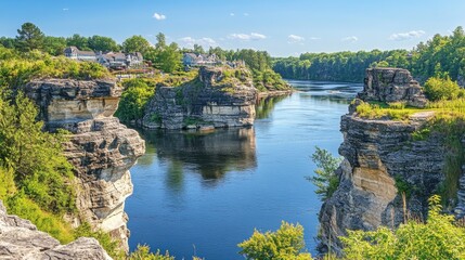 Fototapeta premium Explore the serene beauty of historic Wisconsin along the tranquil river valley under a clear blue sky