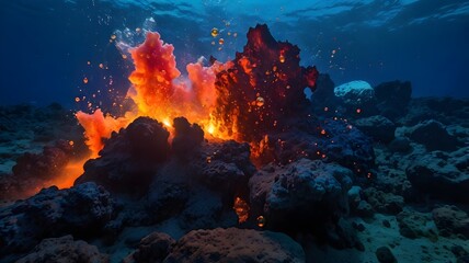 An awe-inspiring underwater volcanic eruption, with glowing orange lava flowing into the deep blue ocean.