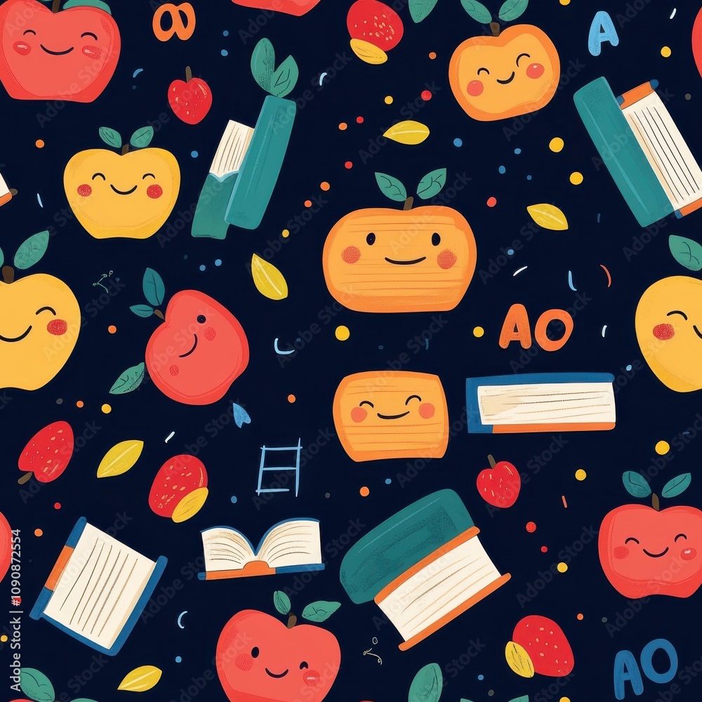 Poster Cheerful pattern featuring smiling apples, books, and fun elements against a dark backdrop in a whimsical design