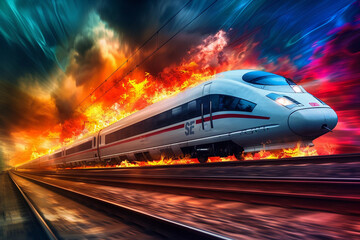 Fototapeta premium Modern high-speed train in fast motion passes through railway stations