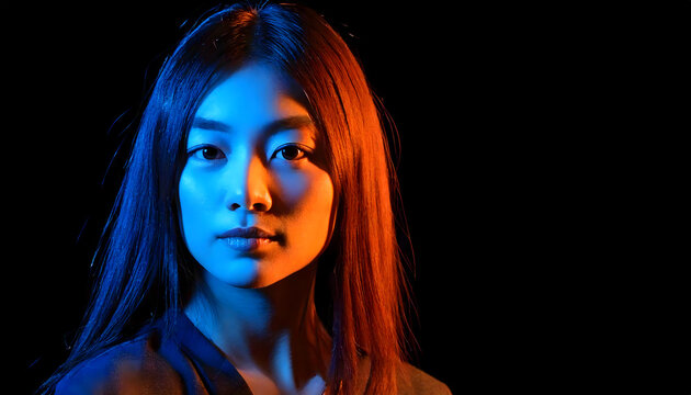 オレンジと青のダブルライトで照らされた女性のポートレート