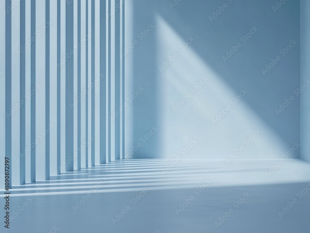 Aufkleber Minimalist pale blue space with vertical lines and soft shadows creating an elegant ambiance during daylight hours