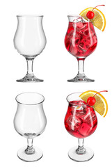 Glass with cocktail on the isolated transparent background. Set of empty glasses and with drink in different angles. Bar theme. Drink with orange and cherry. 3d rendering.