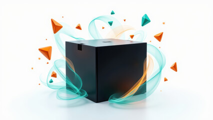 A dynamic AI concept with a black box at its core surrounded by flowing particles of data and energy.