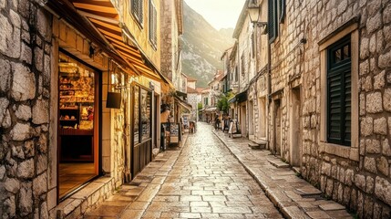 Explore the charming narrow street of Kotor's old town lined with historic buildings and shops during golden hour
