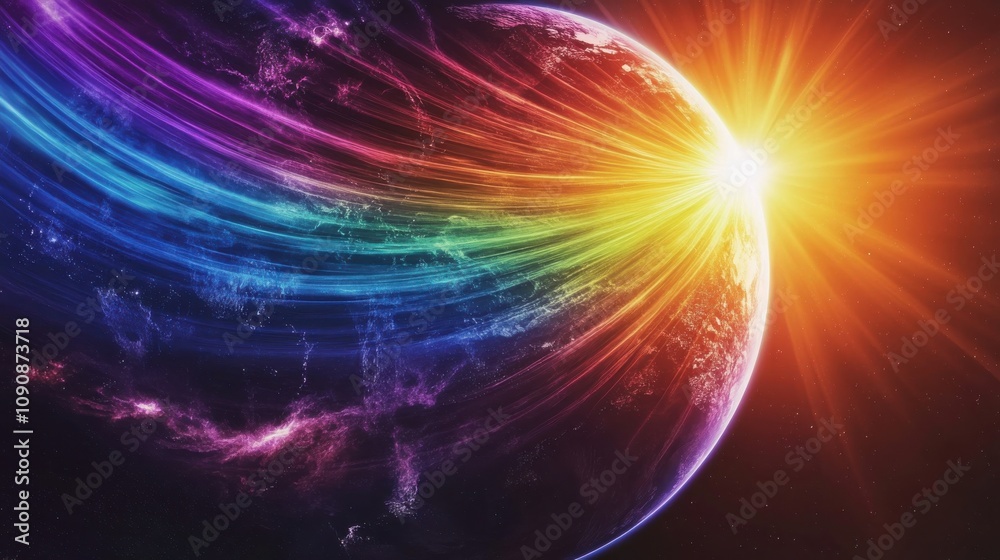 Poster a vibrant view of earth's magnetic field interacting with solar winds in a futuristic setting