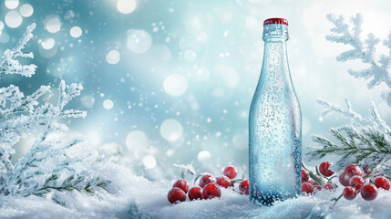Frosty Bottle of Alani Sparkling Drink in Winter Landscape